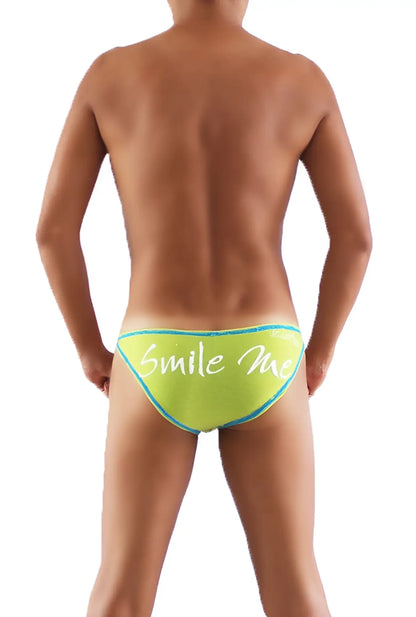 Back side of bright lime green icker sea smile me slip bikini underwear with teal trim and white cursive script