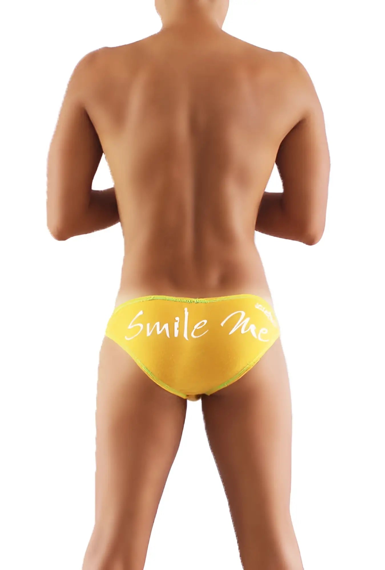 Bright yellow icker sea smile me slip bikini underwear with white cursive script front design in mango color