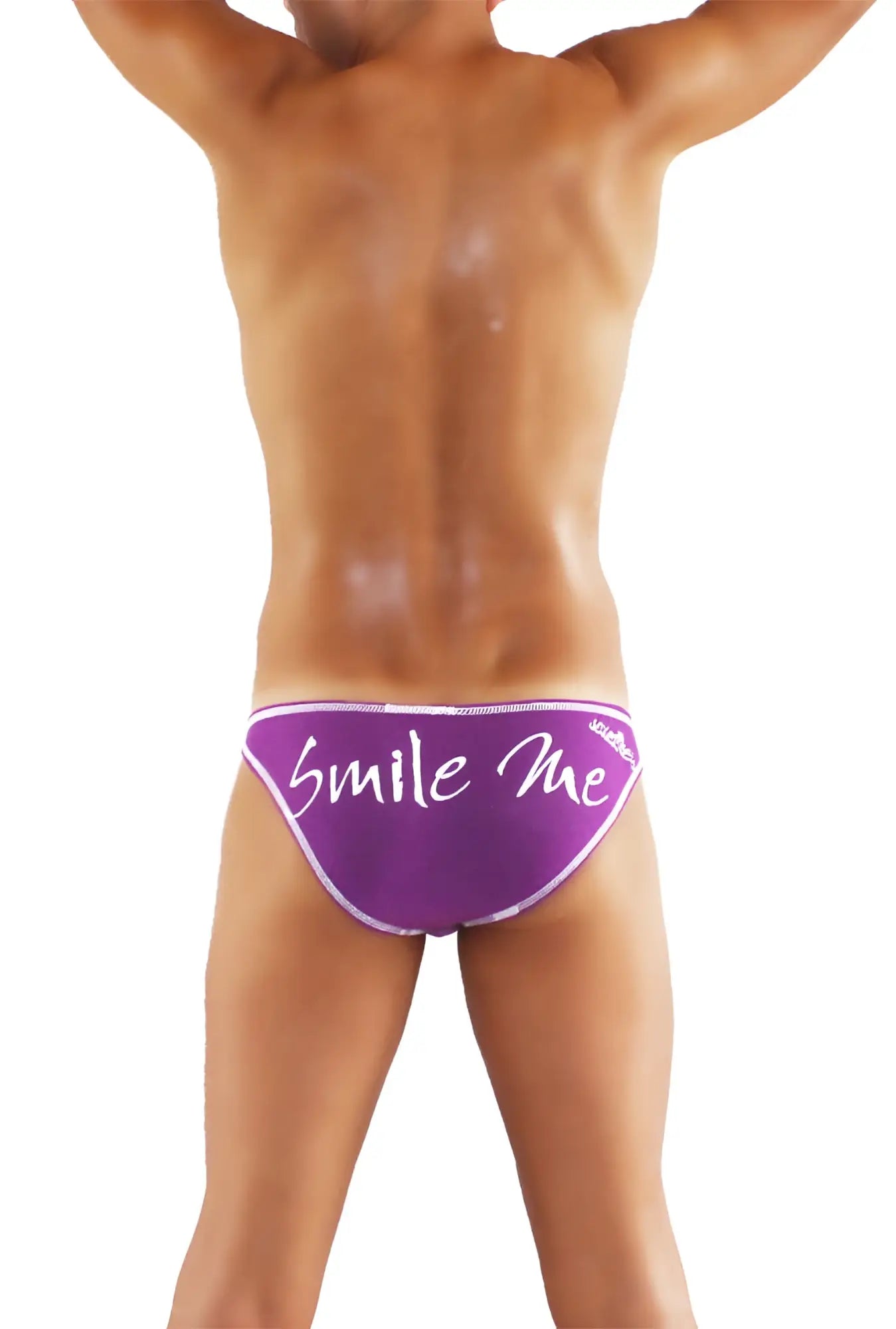 Purple icker sea smile me slip bikini underwear with white cursive text and small waistband logo