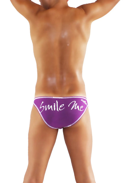 Purple icker sea smile me slip bikini underwear with white cursive text and small waistband logo