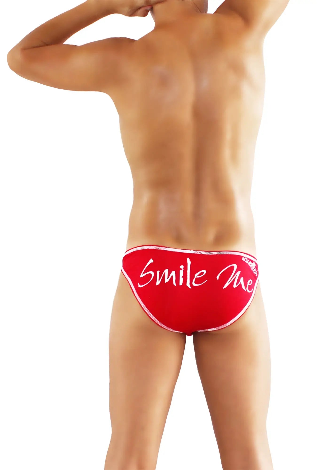 Red swim trunks with white cursive smile me text and thin white trim from icker sea slip bikini underwear line