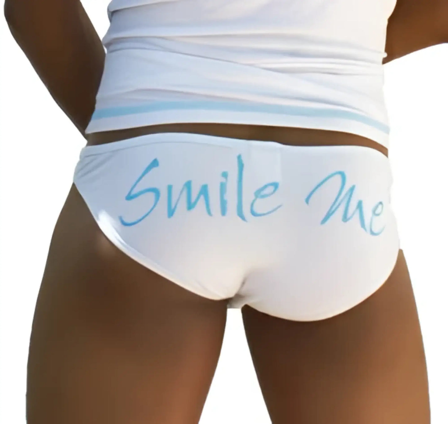 White briefs underwear with light blue smile me text front print from icker sea slip bikini collection