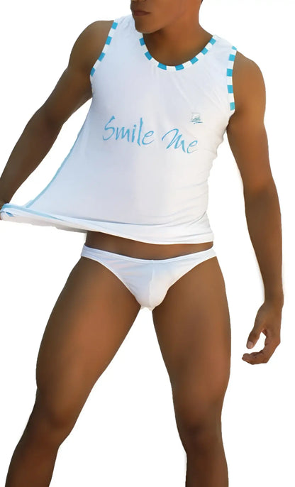 White sleeveless slip bikini underwear top with light blue trim and smile me print from icker sea coI-13-16