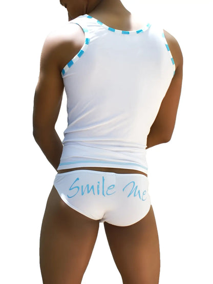 White tank top with light blue trim and matching white briefs featuring smile me cursive script from icker sea slip bikini set
