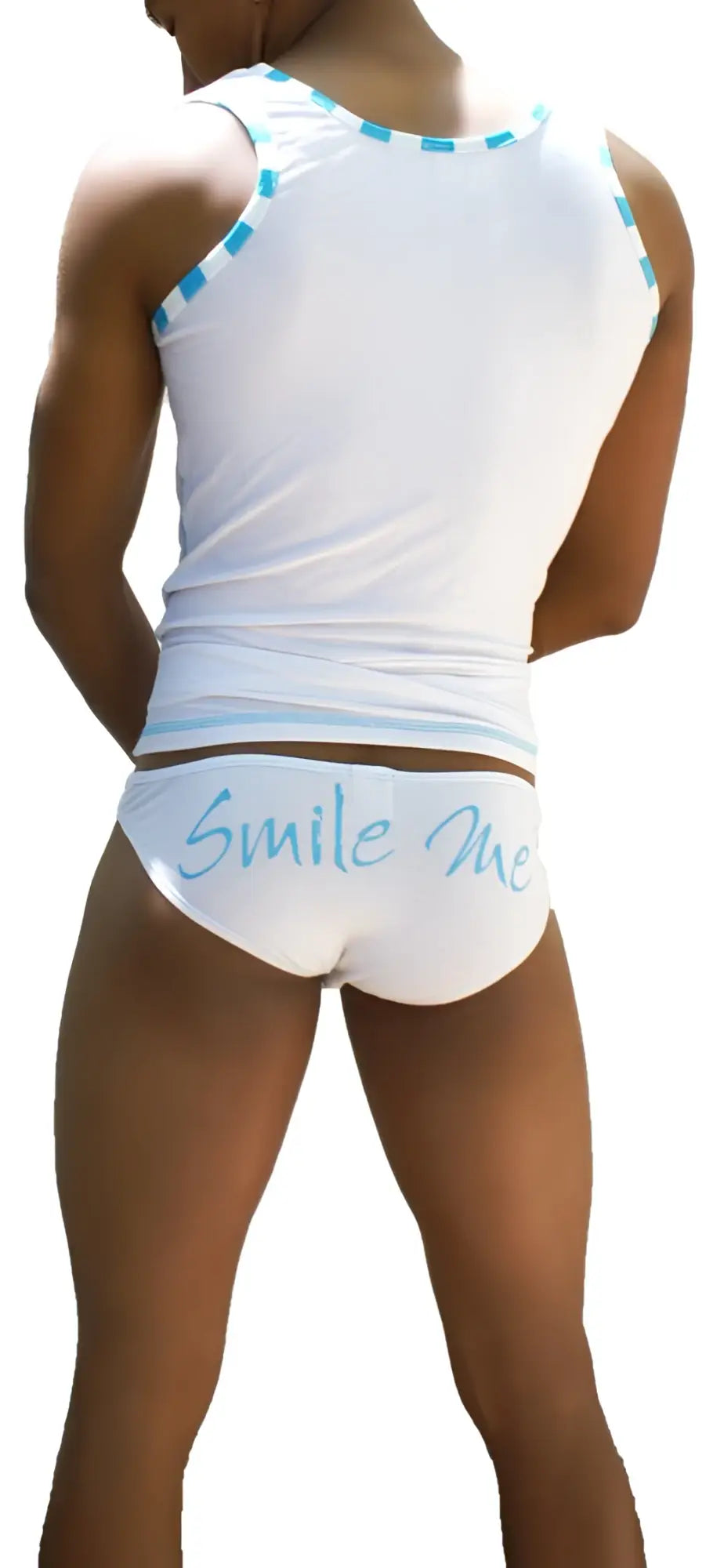 Icker Sea Smile Me Stripe Trim tank top white with light blue trim and matching briefs featuring smile me script
