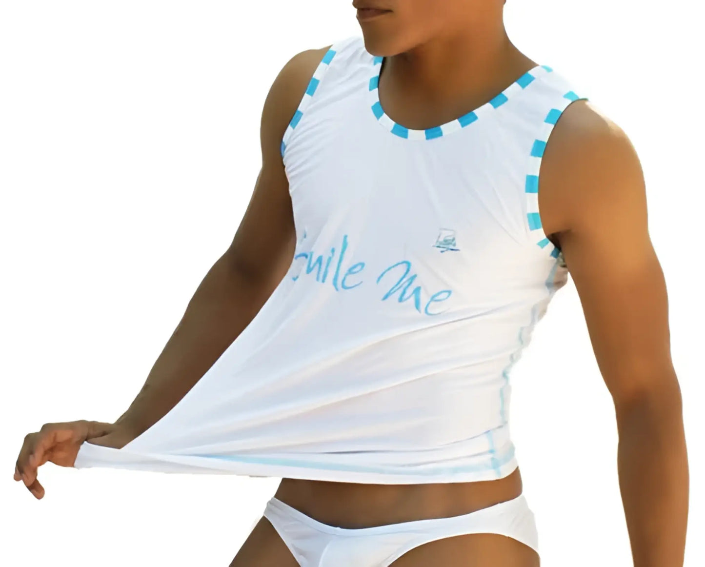 Icker sea smile me stripe trim tank top white sleeveless with light blue trim and smile me text