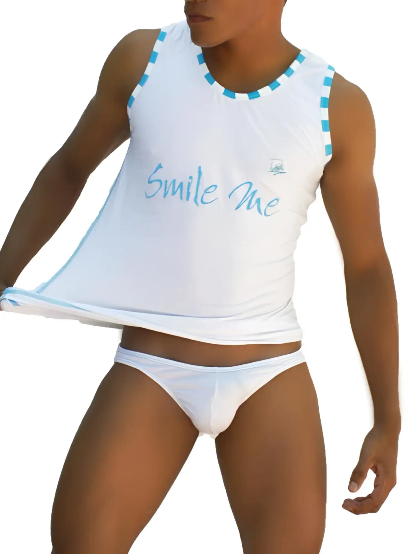 White sleeveless cotton tank top with light blue smile me cursive text and blue checkered trim by Icker Sea