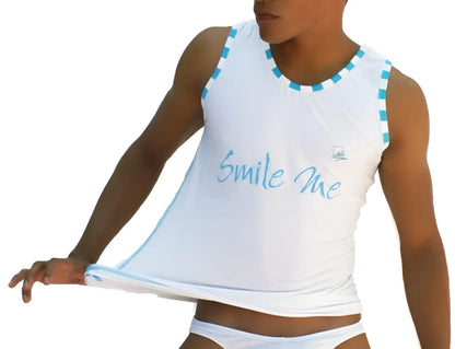 White sleeveless tank top by icker sea with light blue smile me text and matching checkered trim neckline and armholes