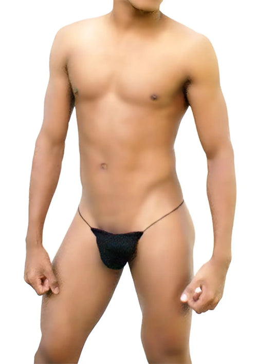 Black thong underwear made of smooth stretchy fabric with thin elastic straps from Icker Sea solid micro g string line