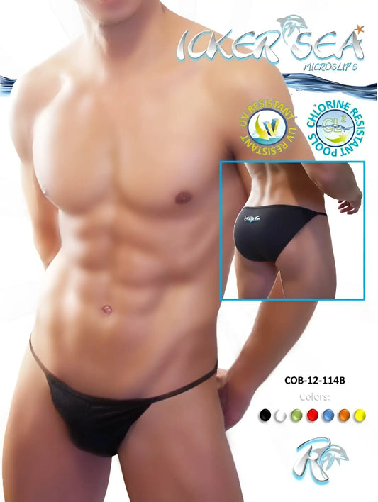 Black sleek form-fitting micro slip bikini swimwear by Icker Sea with a minimalist design for swim use
