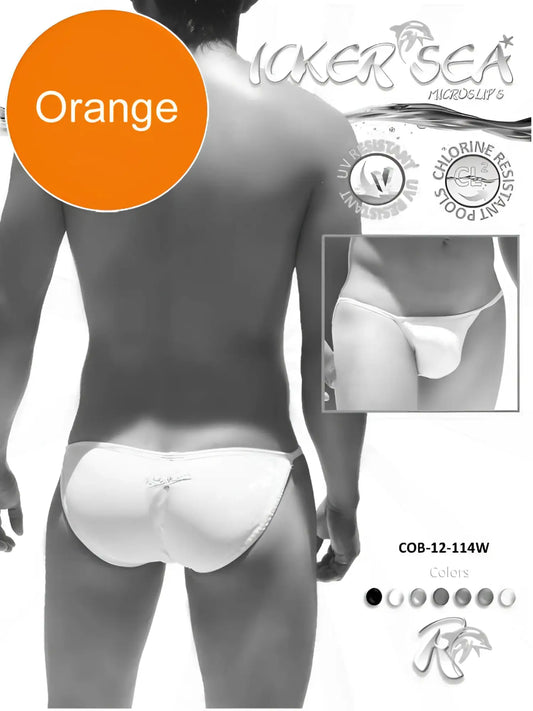 Back view of icker sea solid micro slip bikini swimwear in white with small bow detail and orange color option cob-12-114