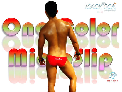 Red icker sea solid micro slip bikini swimwear showing the back side with small logo on swim trunks