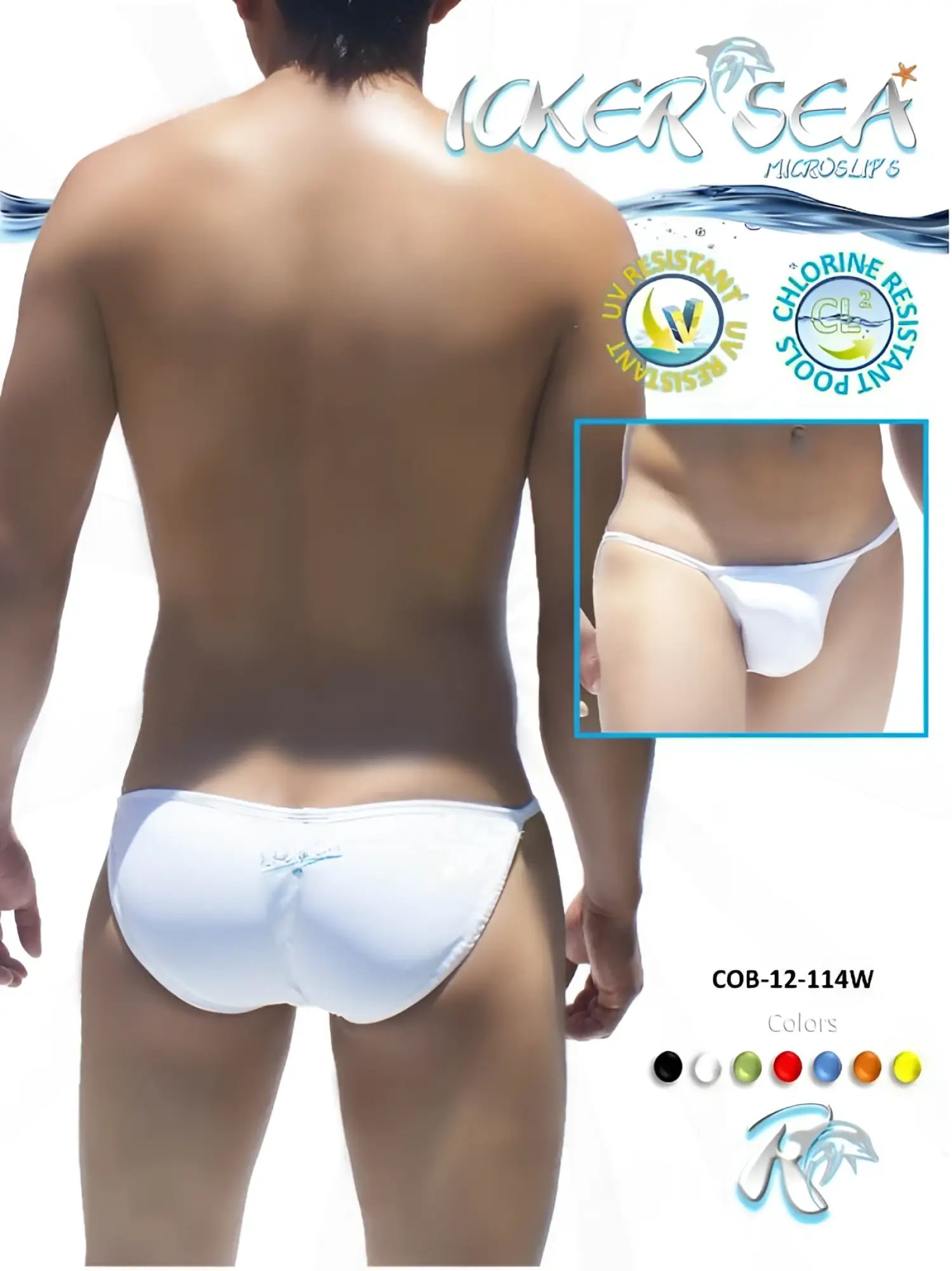 White micro slip bikini swimwear with a subtle blue logo on the back by icker sea model cob-12-114w
