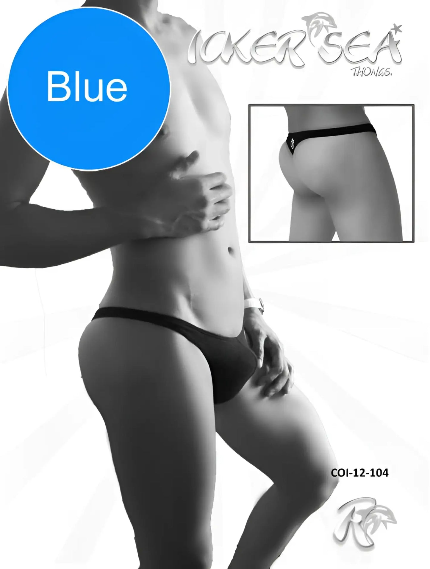 Back view of icker sea solid mini thong underwear in blue with a small diamond shaped logo on the back