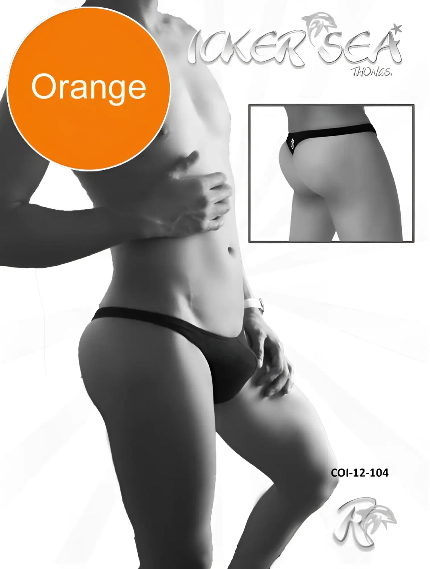 Back view of icker sea solid mini thong underwear in orange featuring a small diamond shaped logo
