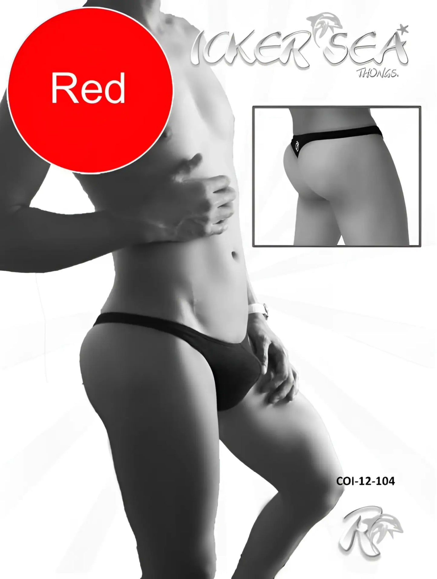Back view of icker sea solid mini thong underwear in red with a small diamond shaped logo on black fabric