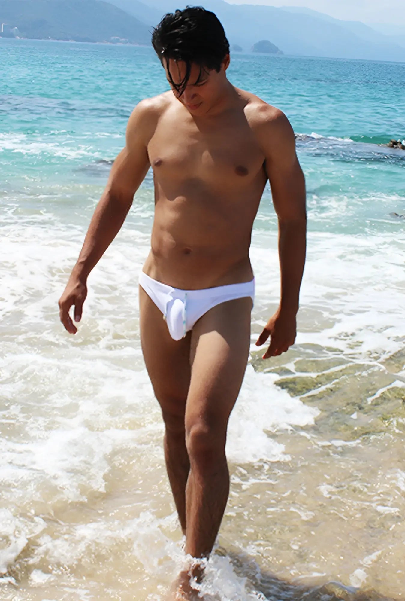 White swim trunks from icker sea spring bikini swimwear with brief low-rise cut and central front panel design