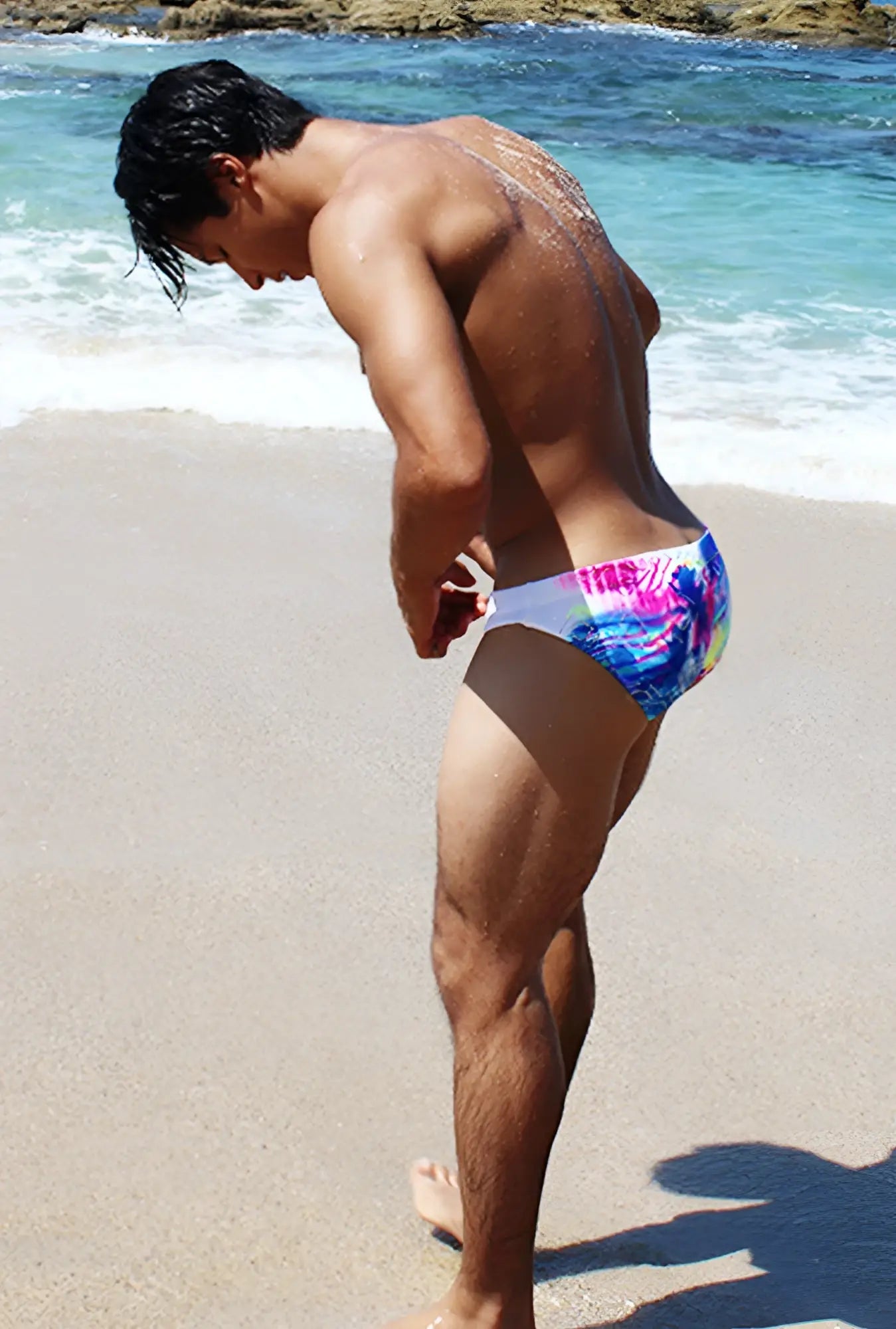 Vibrant tie-dye swim trunks with white waistband in pink blue and purple from icker sea spring bikini swimwear cob-15-20