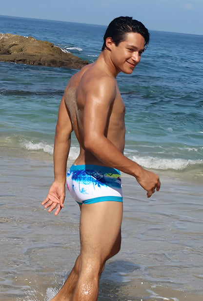 Icker sea spring square cut trunk swimwear in blue and white with tropical pattern for beach and pool use