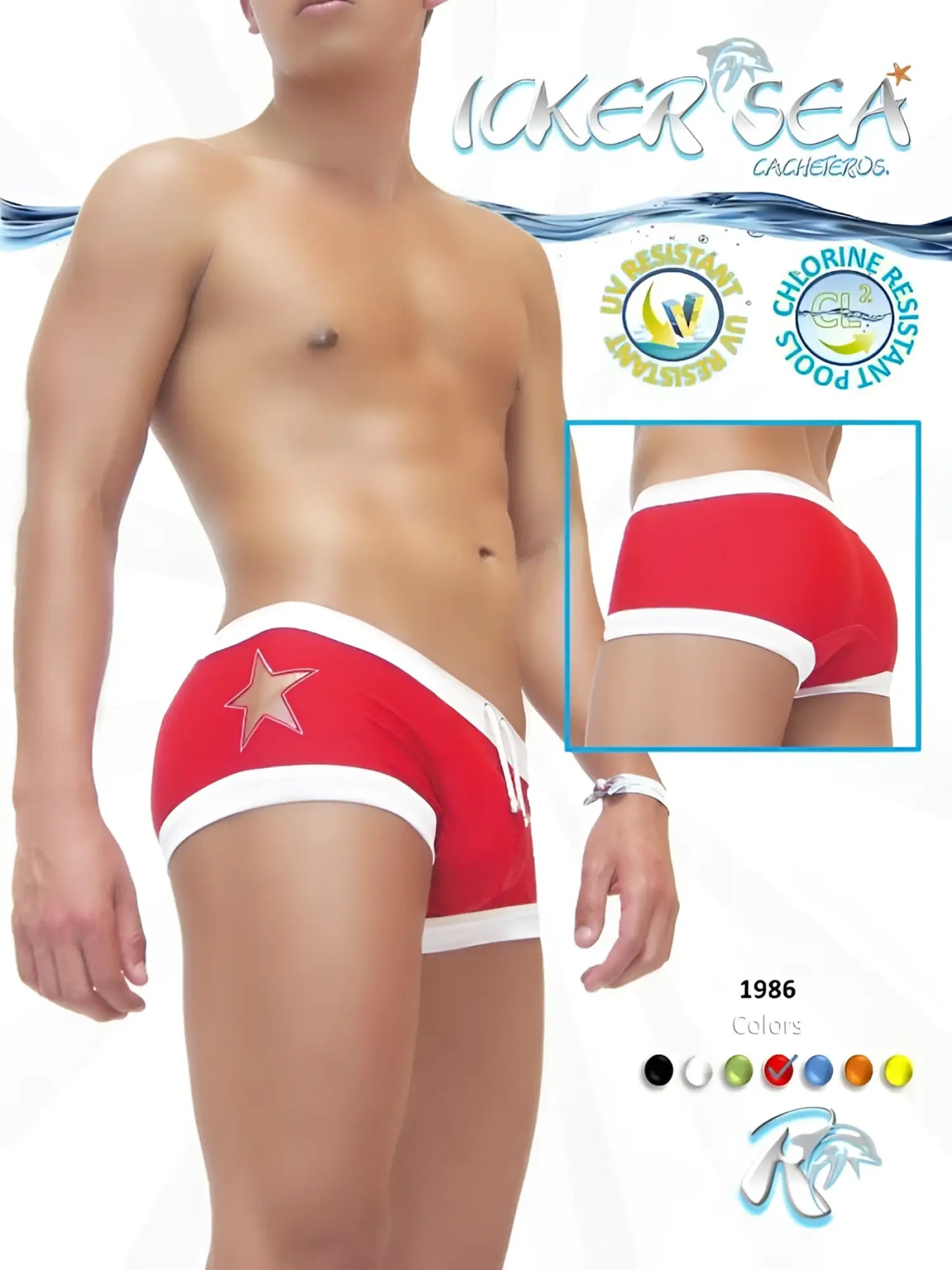 Icker sea star tattoo contrast trim red square cut swim trunks with white trim uv and chlorine resistant fabric