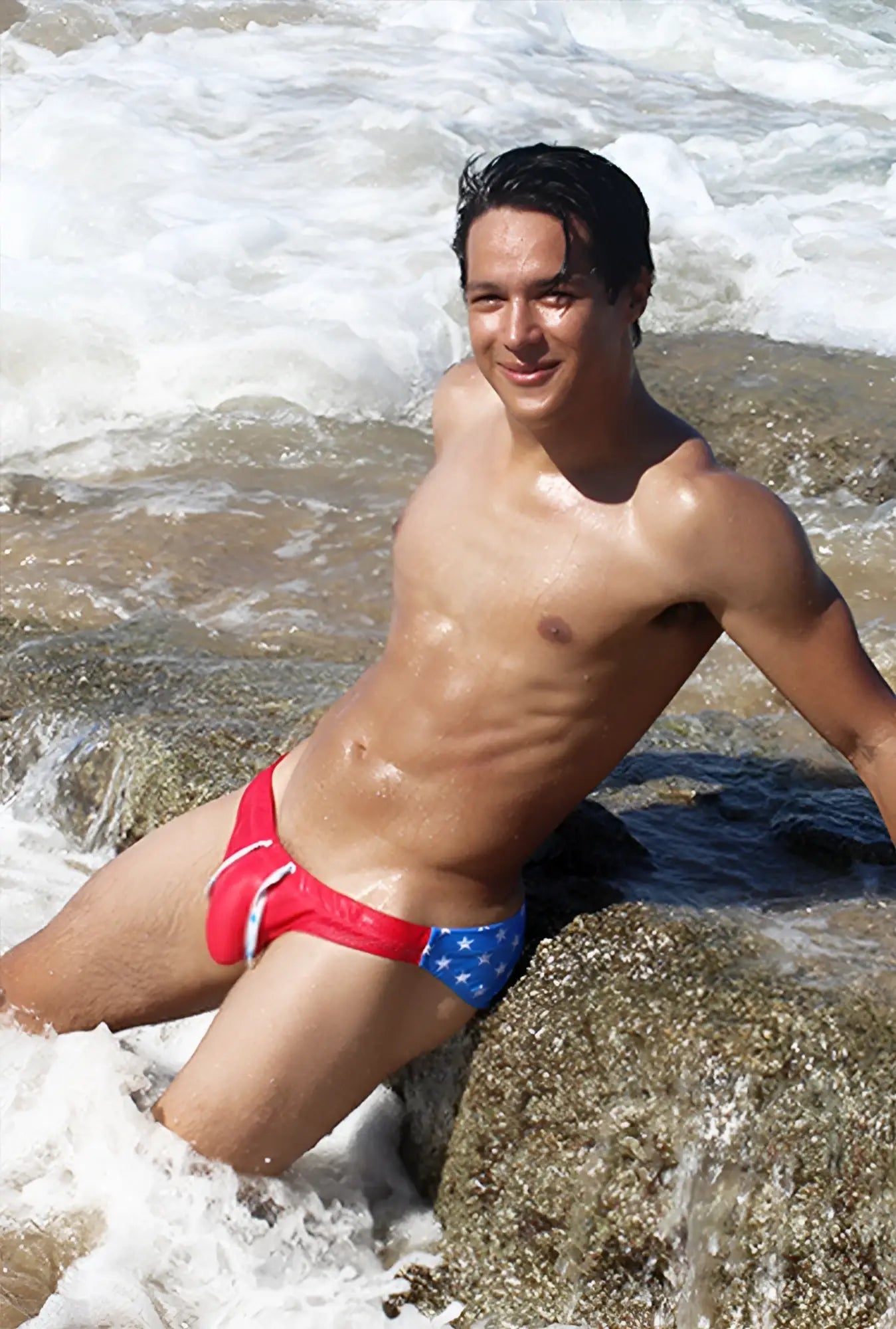 Icker Sea Stars bikini swimwear red and blue swim trunks with white stars and bold American flag design