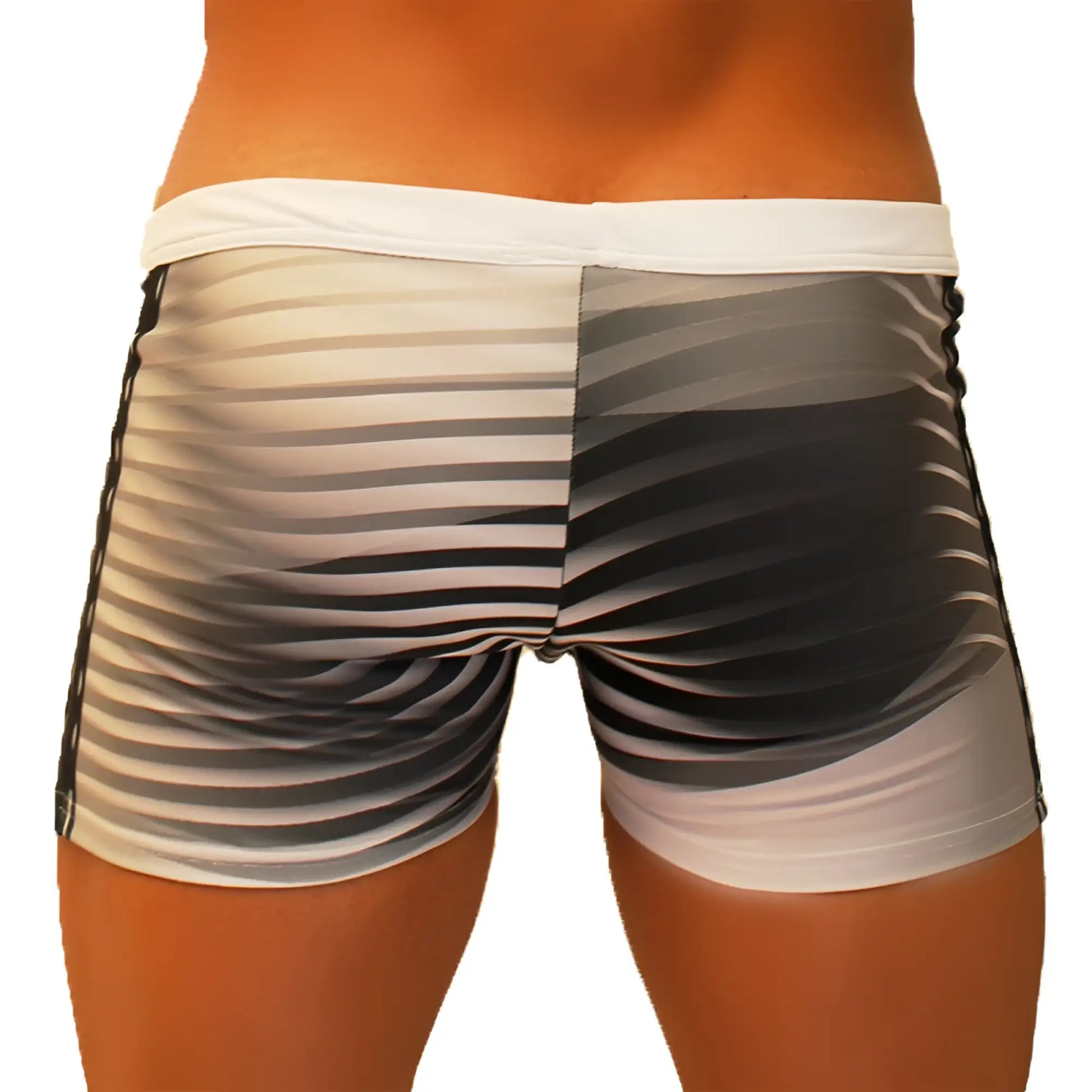 Icker Sea Steel Lines square cut trunk swimwear in grey featuring black and white striped sleek modern design