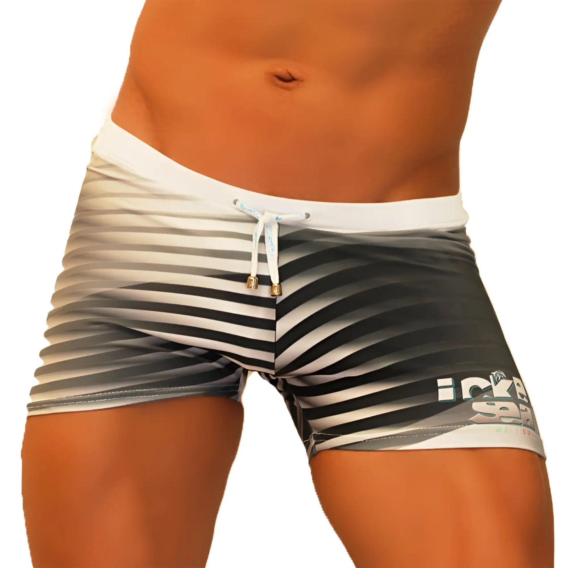 Icker sea steel lines square cut swim trunks in black and white stripes with white waistband and gold drawstring ends