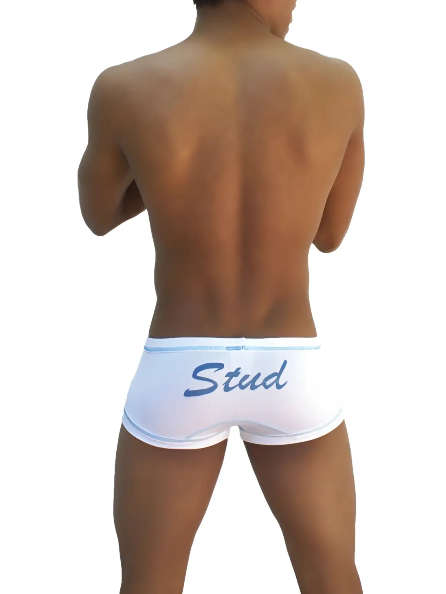 Icker Sea stud boxer brief underwear white with blue cursive stud lettering and light blue trim
