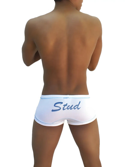 Icker Sea stud boxer brief underwear white with blue cursive stud lettering and light blue trim