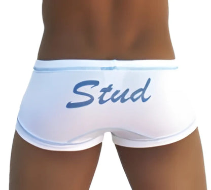 White icker sea stud boxer brief underwear with blue stud embroidery on waistband in white and blue color scheme
