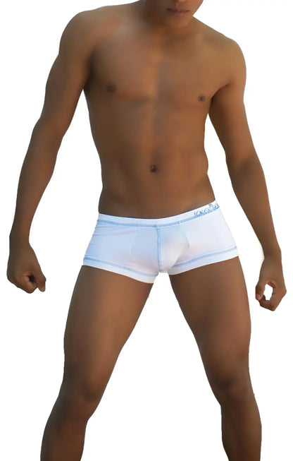 White boxer brief underwear with light blue trim and subtle logo on waistband from Icker Sea COI-13-12