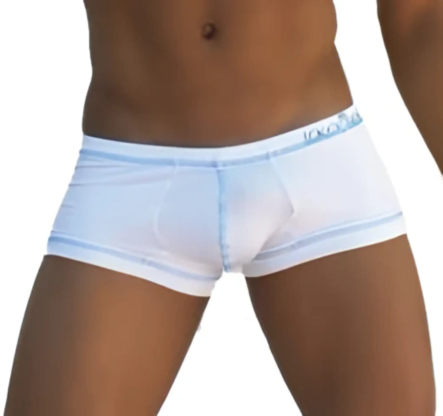 White icker sea stud boxer brief underwear with light blue trim and subtle logo on waistband in front view