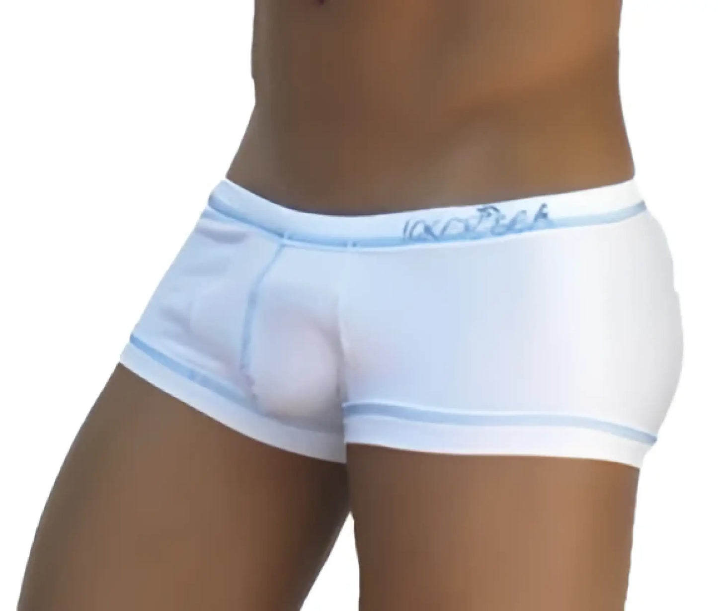 White icker sea stud boxer brief underwear with light blue trim and subtle waistband logo in cotton blend