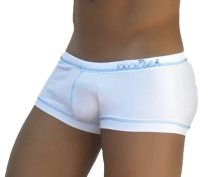 White icker sea stud boxer brief underwear with light blue trim and subtle waistband logo in cotton blend