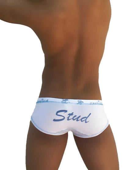 White icker sea stud brief underwear with blue cursive stud lettering and matching elastic waistband
