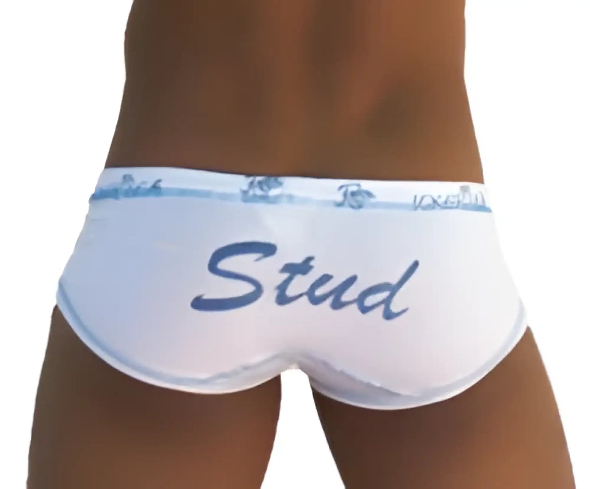 Icker Sea Stud brief underwear in white with blue stud lettering and matching elastic waistband