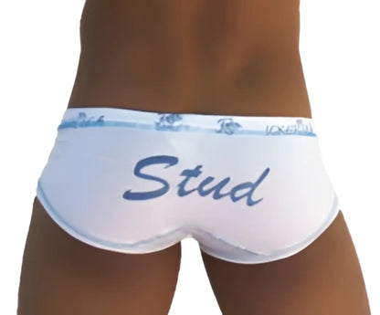 Icker Sea Stud brief underwear in white with blue stud lettering and matching elastic waistband