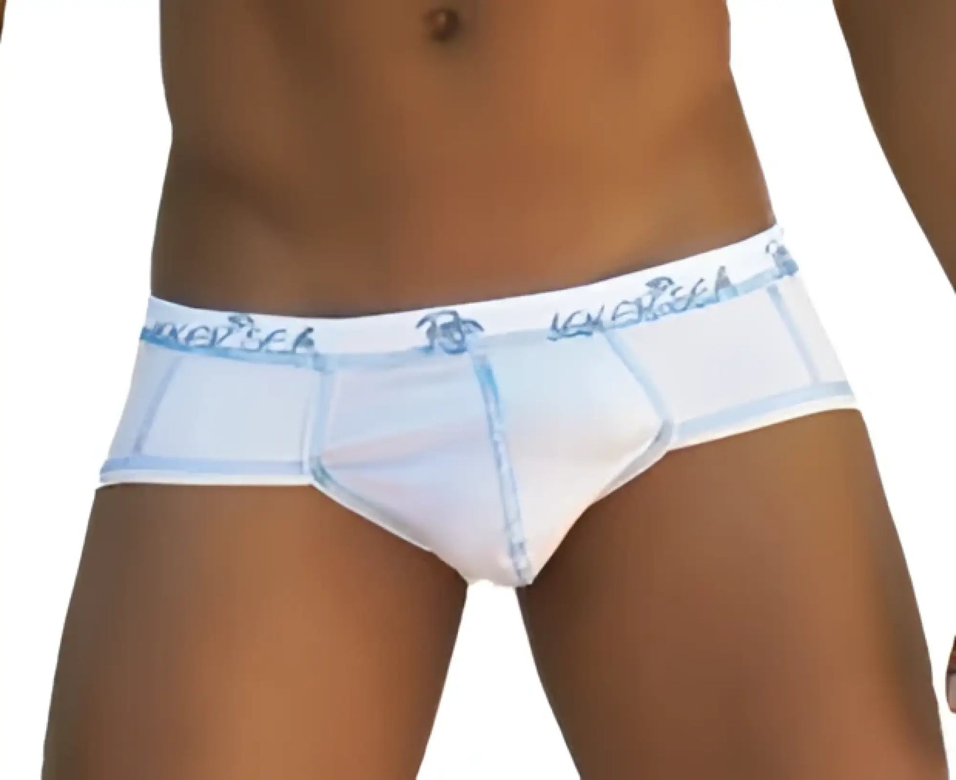 White icker sea stud brief underwear with light blue trim and subtle patterned waistband for comfortable wear