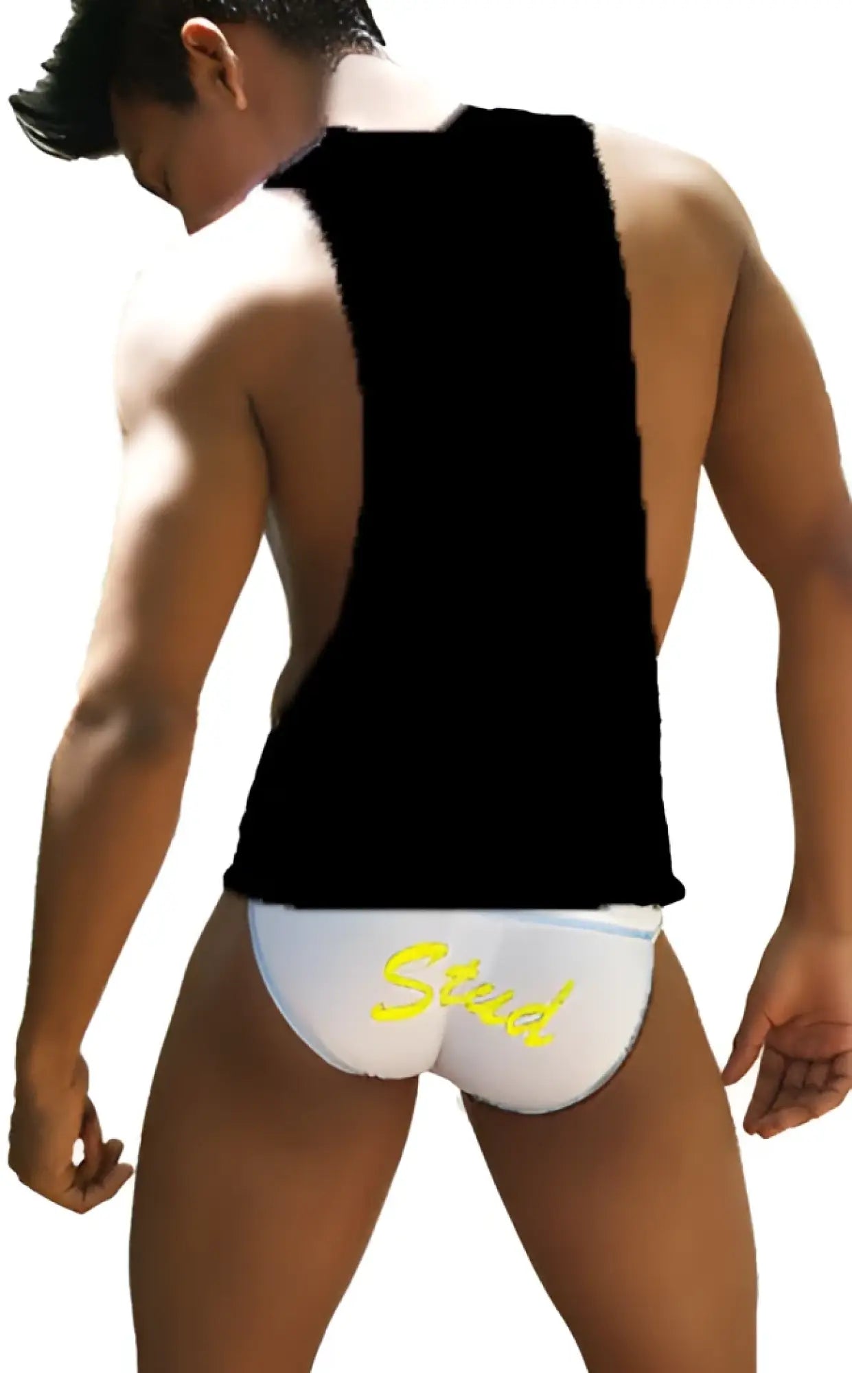 White briefs with yellow stead logo paired with icker sea stud large armhole tank top t shirt black mango ca 16 st 57