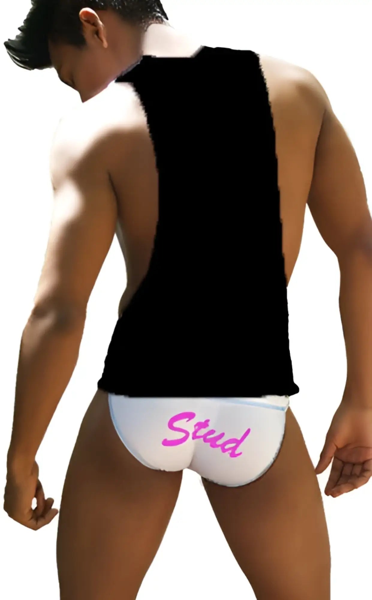White briefs with pink stud lettering paired with icker sea stud large armhole tank top t shirt black pink