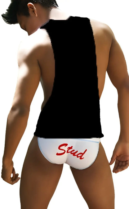 White briefs with red stud lettering paired with icker sea stud large armhole tank top black red ca-16-st-52