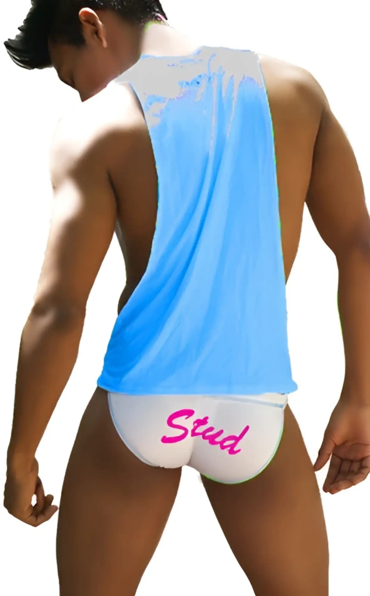 Light blue and white sleeveless icker sea tank top with large armholes and pink stud waistband on matching briefs