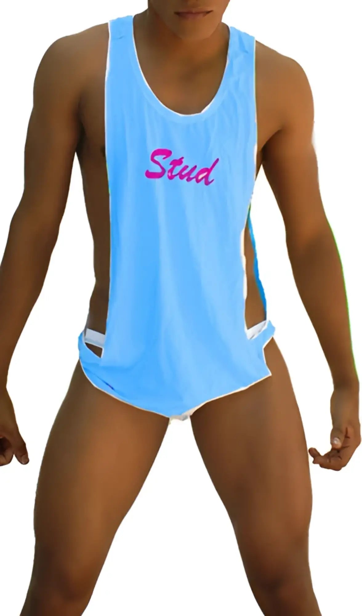 Light blue icker sea stud large armhole athletic tank top with pink stud lettering and white trim for active wear