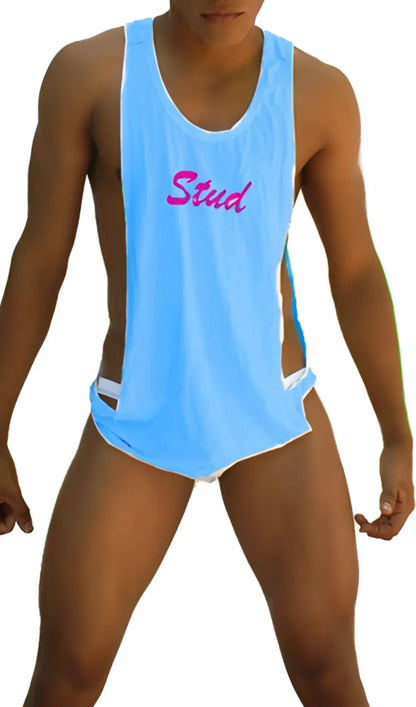 Light blue icker sea stud large armhole athletic tank top with pink stud lettering and white trim for active wear