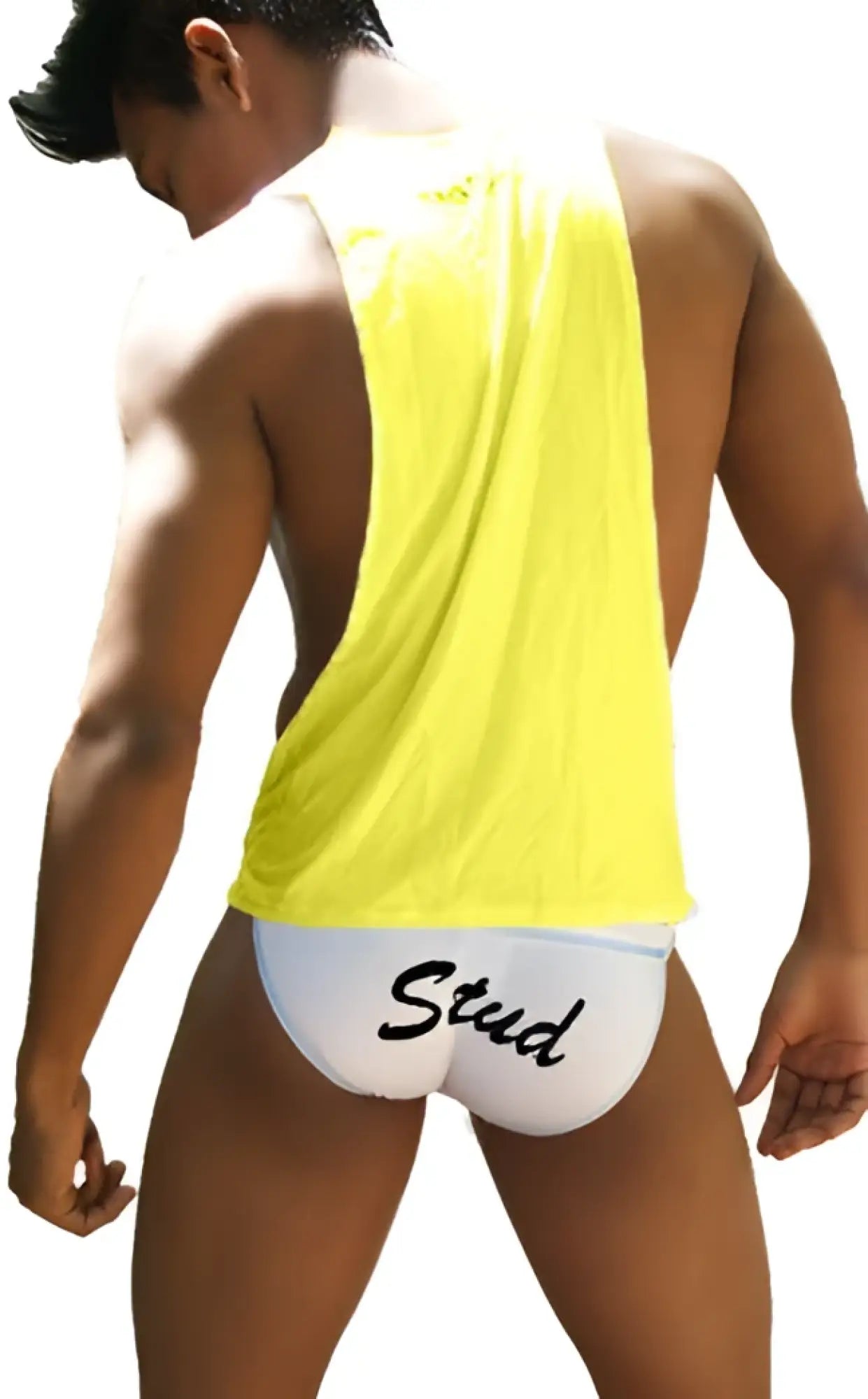 Back of icker sea stud large armhole tank top t shirt in bright yellow with white waistband and black stud text