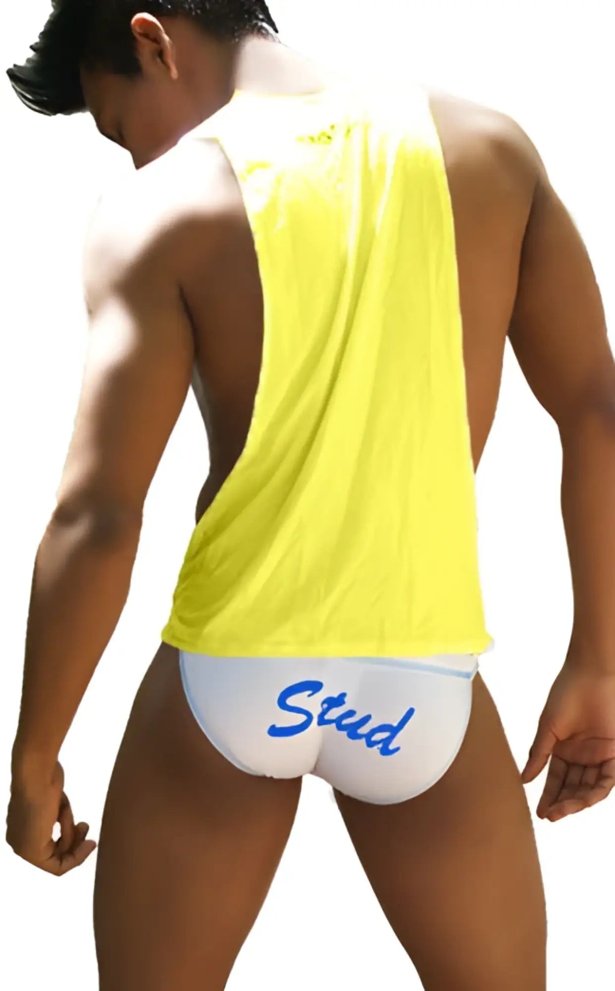 Bright yellow sleeveless icker sea stud tank top with large armholes and white brief featuring blue stud script
