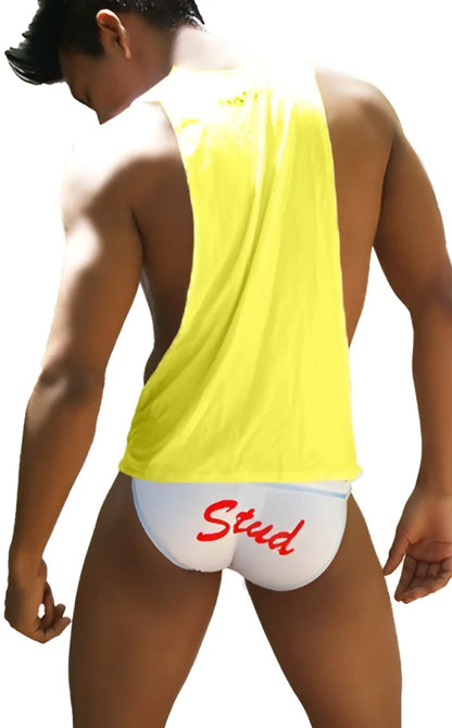 White briefs with red stud lettering paired with icker sea stud large armhole tank top mango red ca-16-st-61