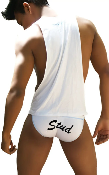 White stud branded briefs with black cursive lettering paired with icker sea stud large armhole white black tank top