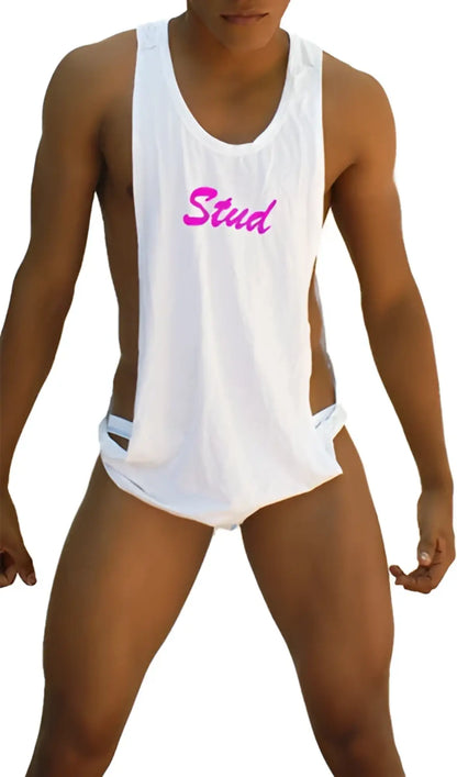 White fuchsia icker sea stud large armhole tank top with pink stud lettering on the chest