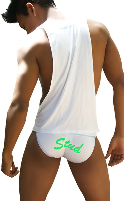 White briefs with green stud lettering paired with icker sea stud large armhole tank top t shirt white green ca 16 st 44